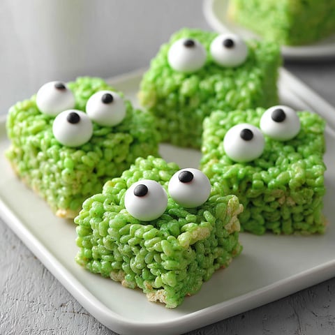 A plate of green rice krispie treats with eyes.