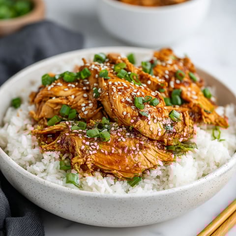 A bowl of chicken with rice and green onions.