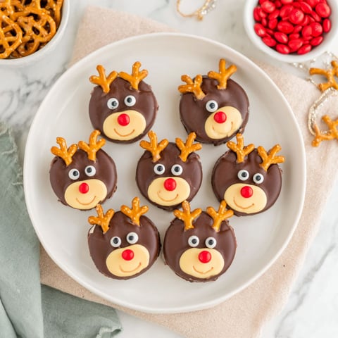 A plate of chocolate covered cookies shaped like reindeer.