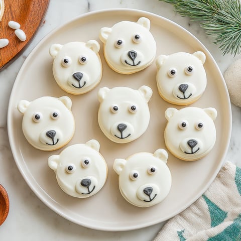 A plate of white and black polar bear cookies.