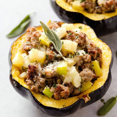 A stuffed acorn squash with sausage and cheese.