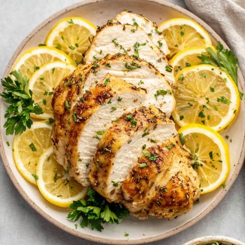 A plate of chicken with lemon slices on top.