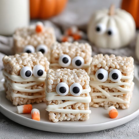 A plate of rice krispie treats with eyes and noses.