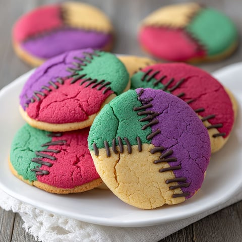 A plate of colorful stitched sugar cookies.