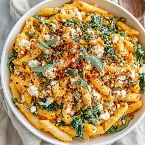 A bowl of pasta with feta cheese and pumpkin.