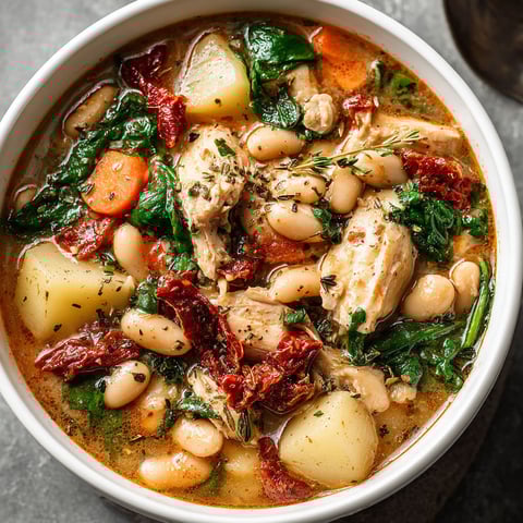 A bowl of soup with chicken, beans, and vegetables.
