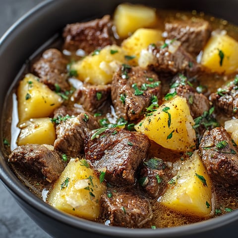 A bowl of slow cooker beef and potatoes.