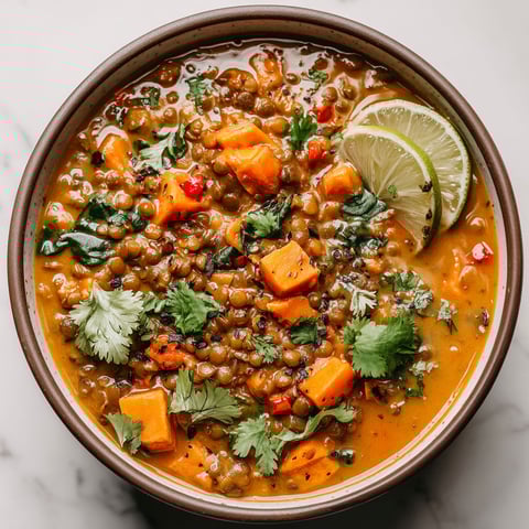 A bowl of soup with lentils and vegetables.
