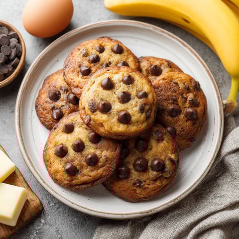 A plate of chocolate chip cookies next to a banana.