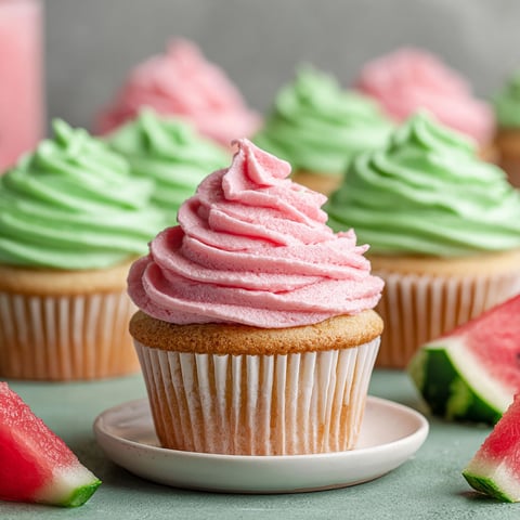 A cupcake with pink frosting and watermelon slices.
