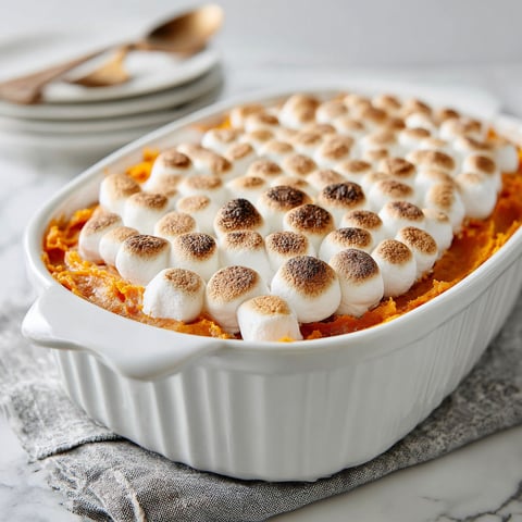 A white bowl filled with a sweet potato casserole.
