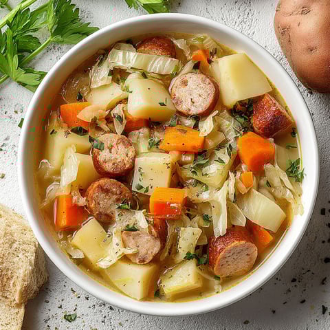 A bowl of soup with sausage, cabbage and potatoes.