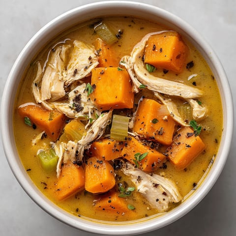 A bowl of soup with chicken and sweet potatoes.