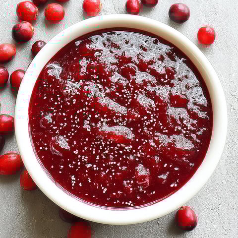 A bowl of cranberry sauce with cranberries around it.