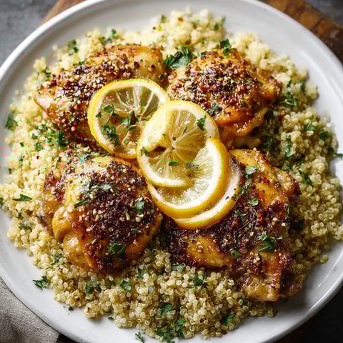 A plate of chicken with lemon and herbs on top.