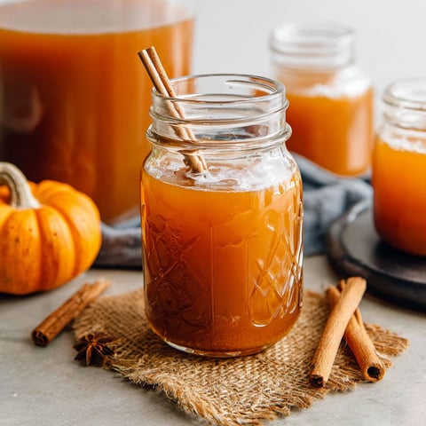 A jar of pumpkin juice with a cinnamon stick in it.