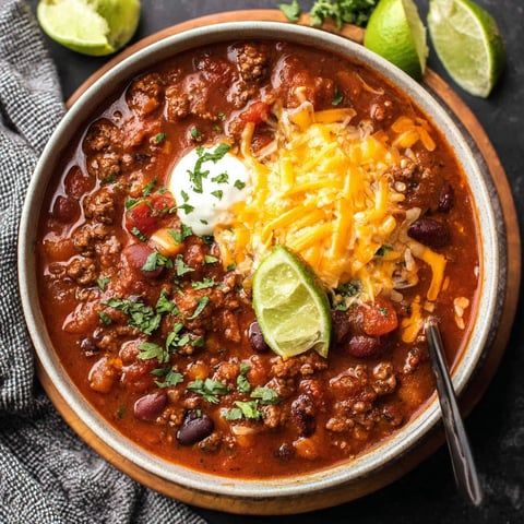 A bowl of chili with a spoon in it.