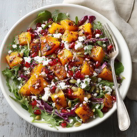 A bowl of roasted butternut squash and pomegranate salad.