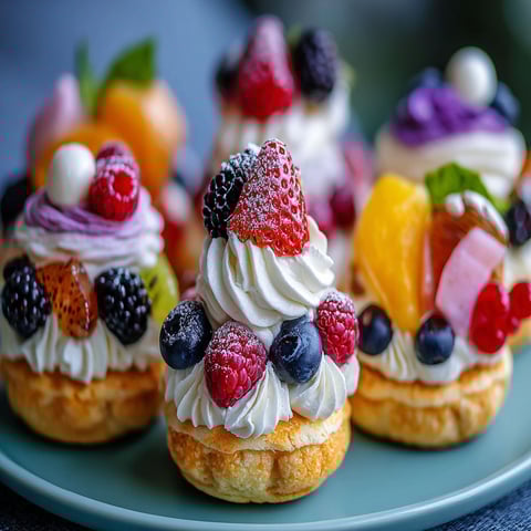 A plate of mini desserts with fruit toppings.