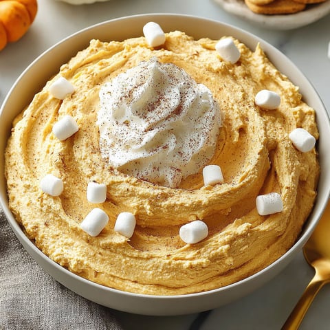 A bowl of creamy pumpkin fluff dip with marshmallows on top.