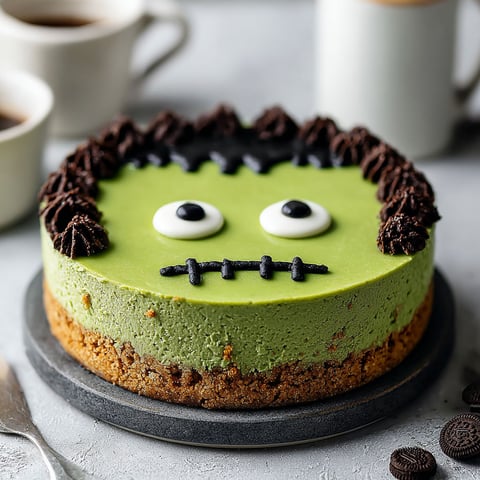 A Frankenstein-themed cheesecake with a green frosting.