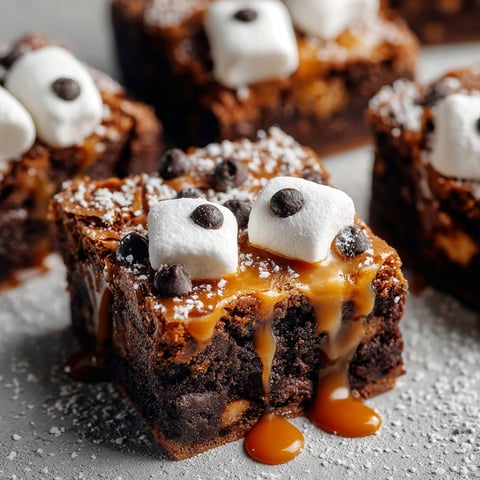 A close up of a brownies with marshmallows and caramel drizzle.
