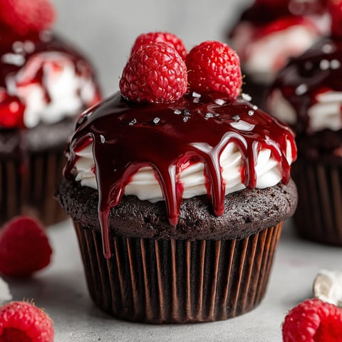 A chocolate cupcake with raspberries on top.