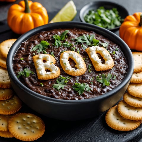 A bowl of black bean dip with the letters BOD on it.