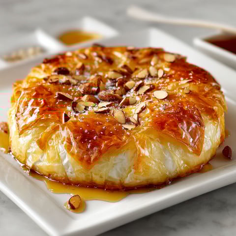 A baked brie in phyllo dough is on a white plate.