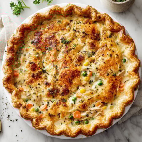 A close up of a pot pie with a variety of vegetables.