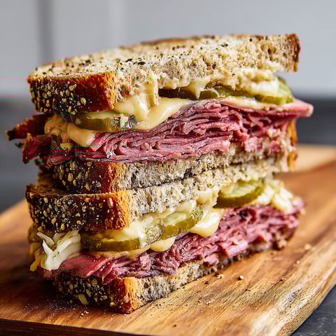 A stack of pastrami sandwiches on rye.