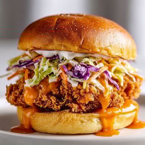 A crispy buffalo chicken sandwich with slaw.