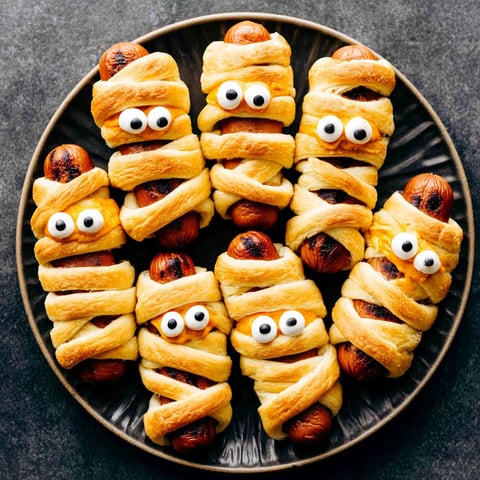 Mummy hot dogs on a plate.
