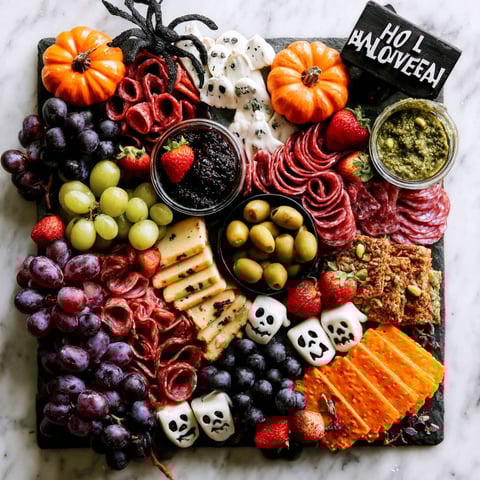 A Halloween charcuterie board with a variety of foods.