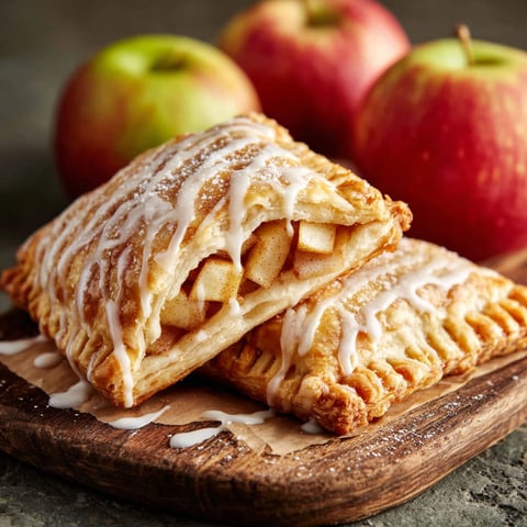 Two homemade apple pop tarts on a wooden board.