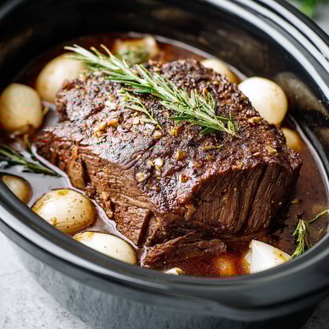 A beef roast in a slow cooker.