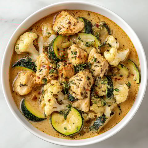 A bowl of chicken and cauliflower stew.