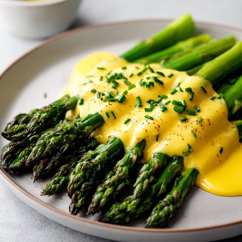 A plate of asparagus with hollandaise sauce.