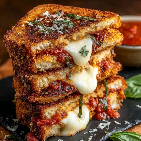 A stack of grilled cheese sandwiches with marinara sauce.