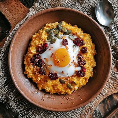 A bowl of oatmeal with a fried egg on top.