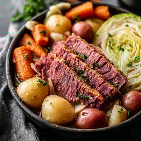 A crockpot of corned beef and cabbage.