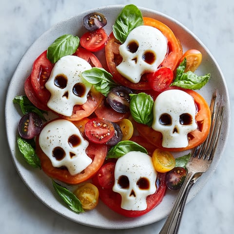 A plate of food with tomatoes and mozzarella cheese in the shape of skulls.