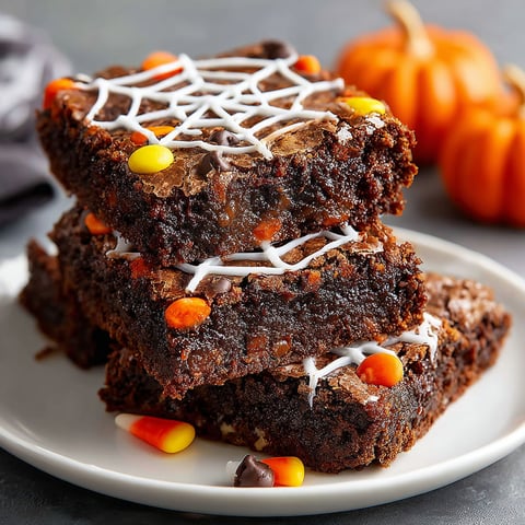 Three pieces of brownies with white icing and orange candies on a plate.