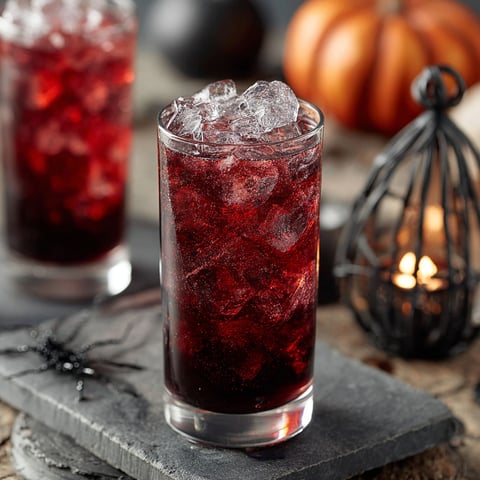 A glass of red liquid with ice and a black widow sparkler.