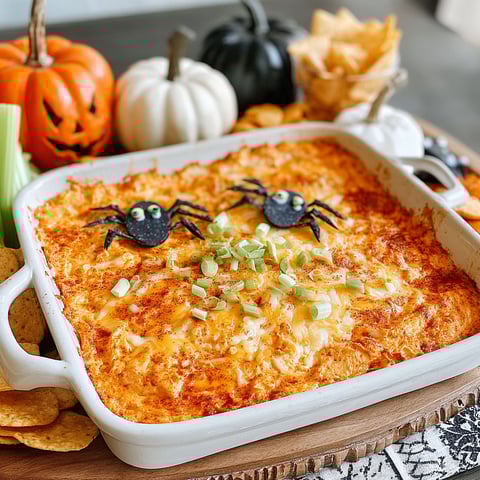 A Halloween dip with spiders and pumpkins on top.