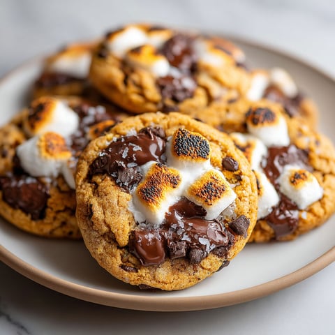 A plate of chocolate chip cookies with marshmallows on top.