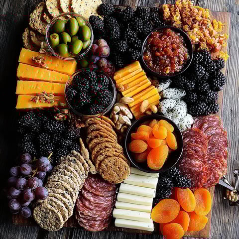 A Halloween charcuterie board with a variety of foods.