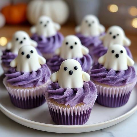 A plate of Halloween Ghost Cupcakes.