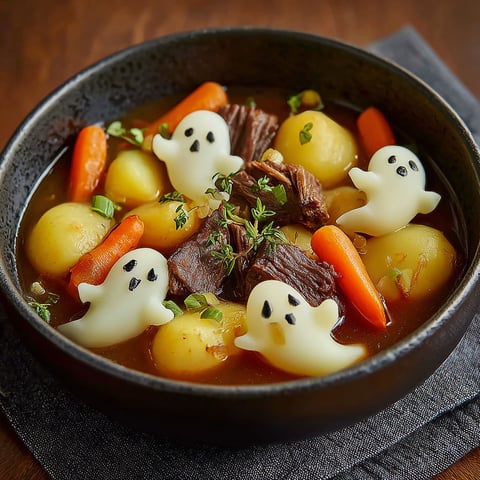 A bowl of stew with ghost shaped potatoes.