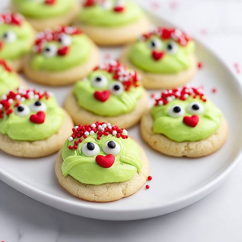 A plate of green thumbprint cookies with red hearts on them.